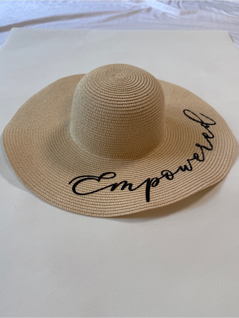 Elle Beige Wide-Brim Floppy Straw Sun Hat with Black Script